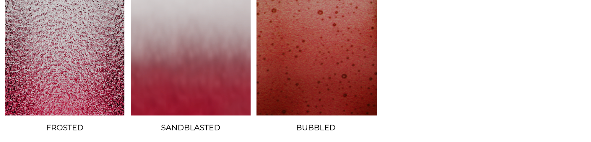 samples red glass finishes - frosted, sansdblasted, bubbled