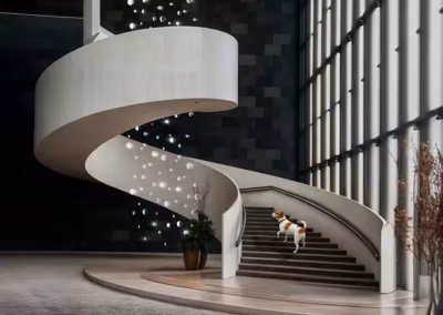 LURE ORIGINAL - Lure Original light fixture featuring blown glass spheres and lightweight aluminum, installed on a spiral staircase